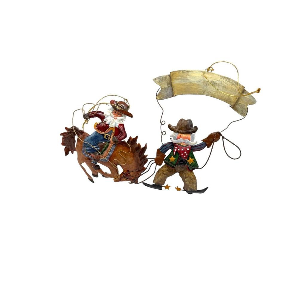 2 Country Western Bronco Riding Santa &‎ Lasso Metal Christmas Ornaments 6" EUC